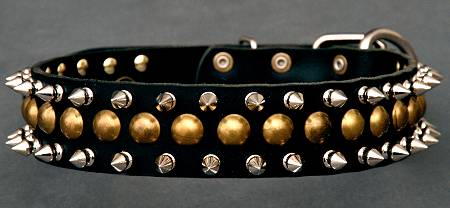 Leather Spiked and Studded Dog Collar with 3 rows spikes